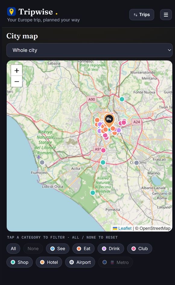 Whole-city map with category pins